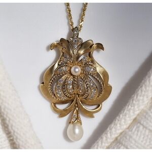 Vintage French 14k 585 Solid Gold High Quality Natural Diamond &‎ Pearl Pendant